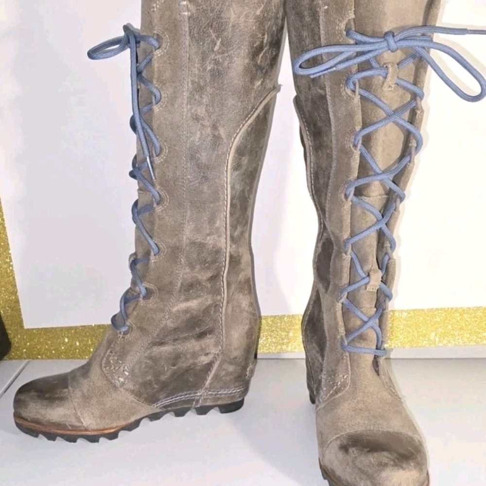 SOREL CATE THE GREAT WEDGE Tall Brown W/ Blue laces Leather RARE HTF Sz 7/38 - Picture 2 of 16